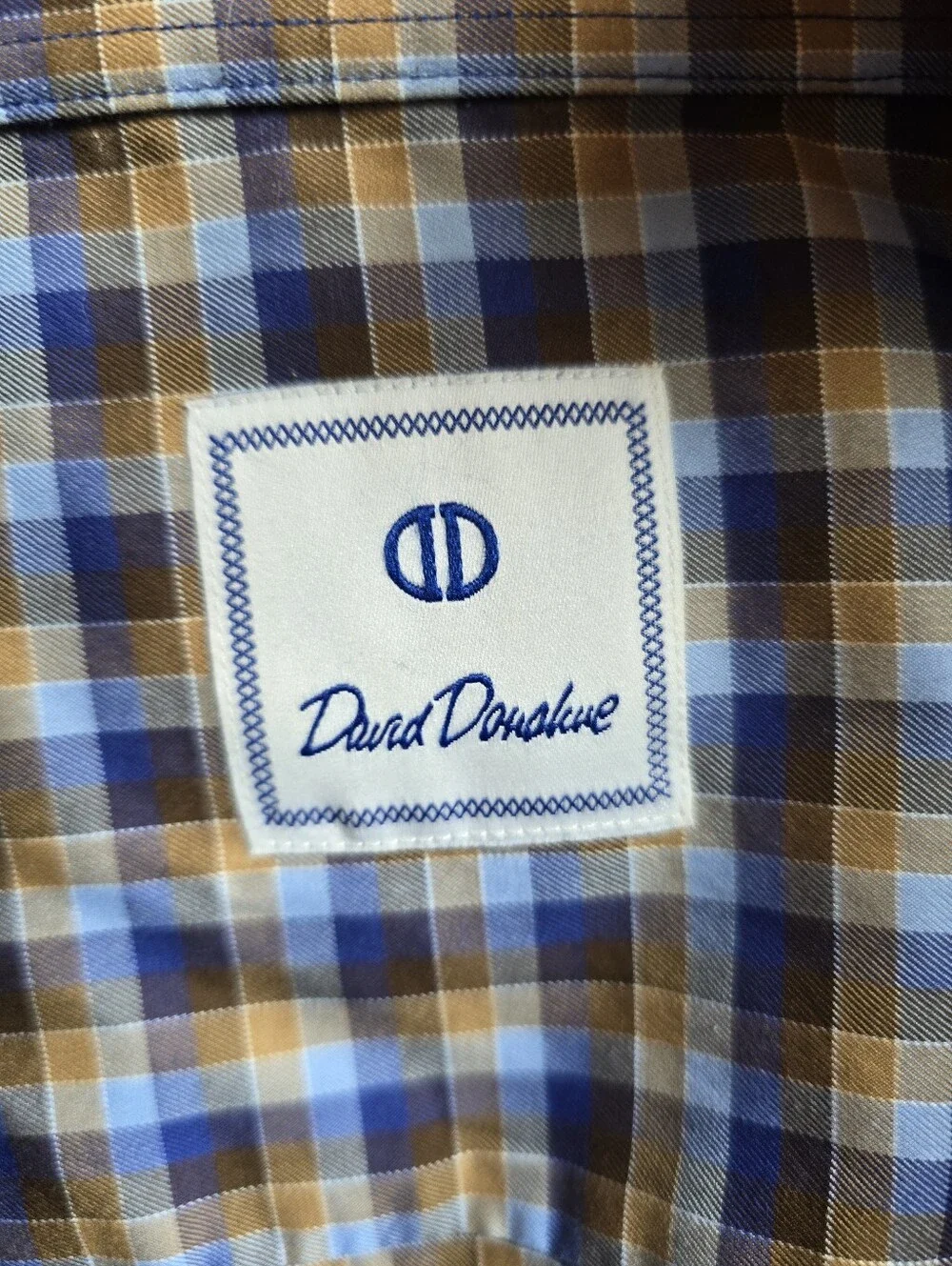 David Donahue Men's Size L Cotton Plaid Button Up Dress Shirt Blue Gold Khaki